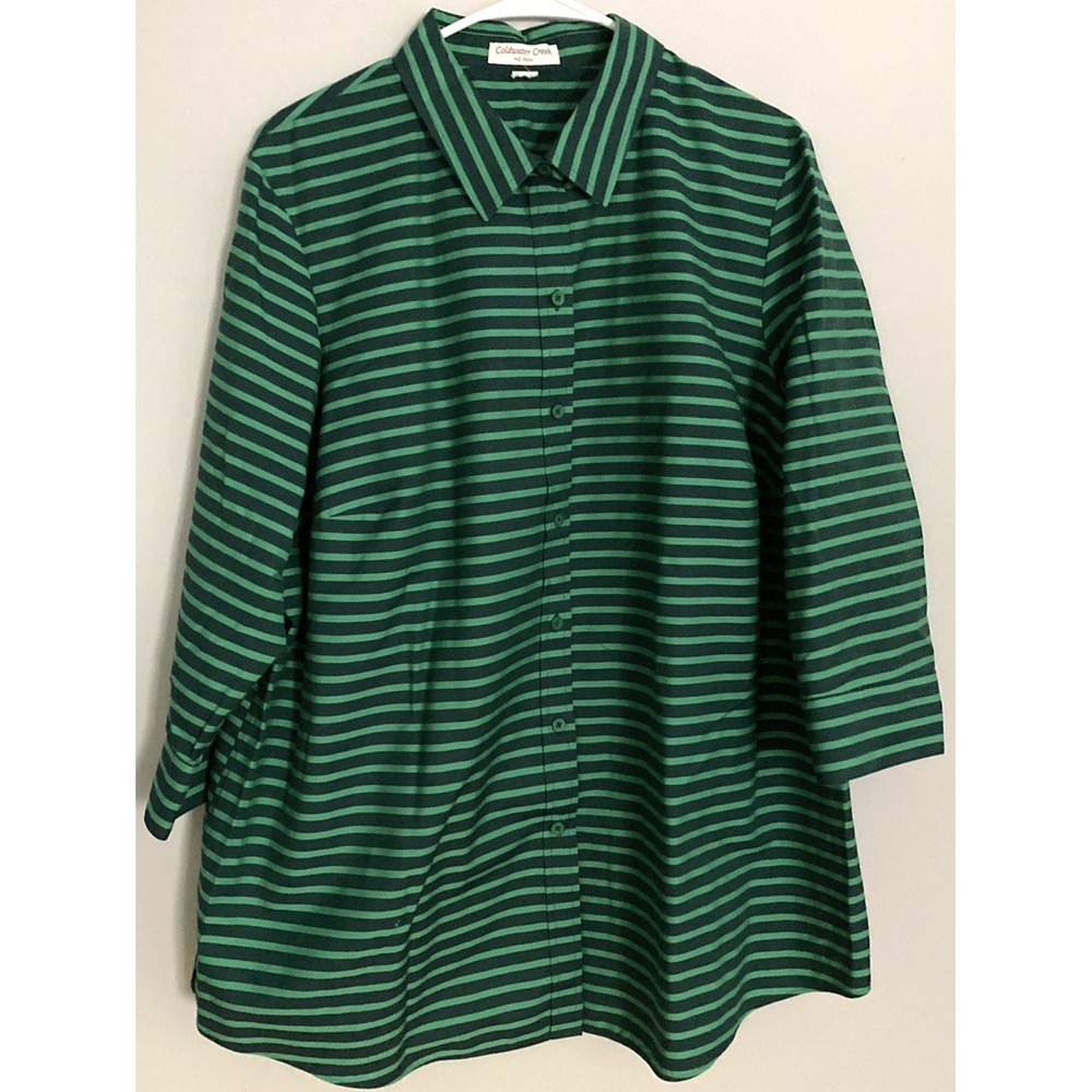 Coldwater Creek Shirt Women 2XL-3XL Green Stripe No Iron Button Up Front Tunic